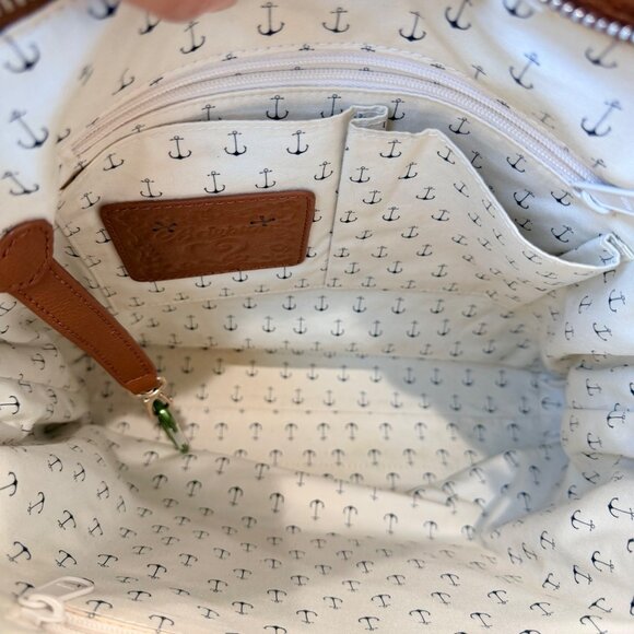 Brighton Coastal Starfish Harbor Tote Anchor Charm Bag – Tan Leather & Navy Stri - Picture 6 of 8